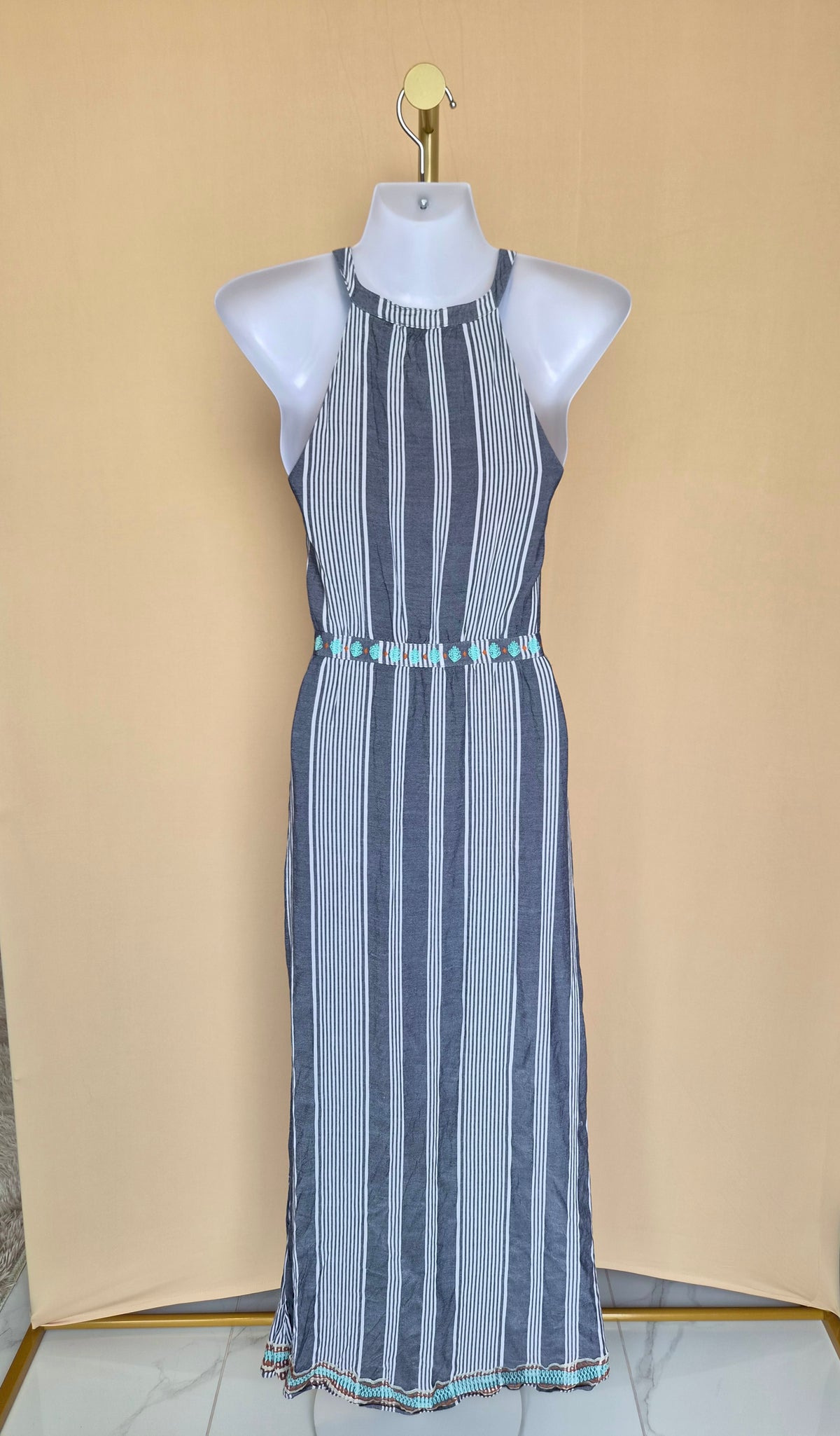 THML Embroidered Striped Maxi Dress – Size XS