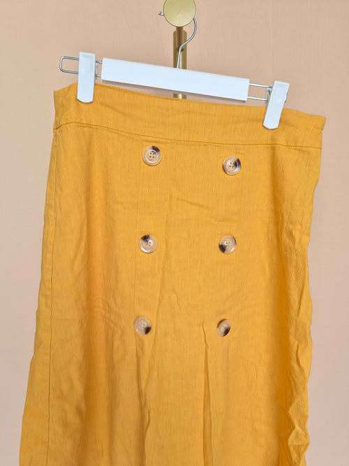 Jackie K Mustard Yellow Button-Front Midi Skirt – Size 28