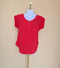 Red Zip-Front Short Sleeve Blouse – Size S
