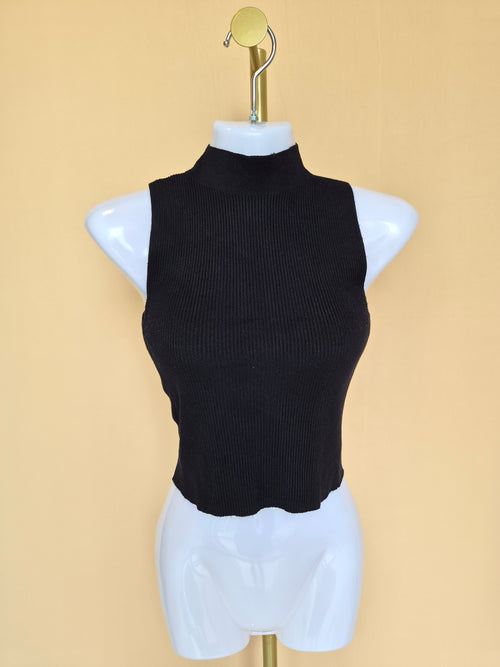 MNG Black Ribbed High-Neck Crop Top – Size S