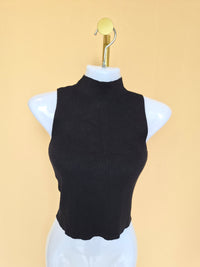 MNG Black Ribbed High-Neck Crop Top – Size S