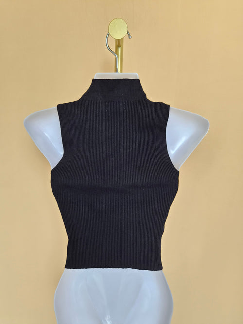 MNG Black Ribbed High-Neck Crop Top – Size S