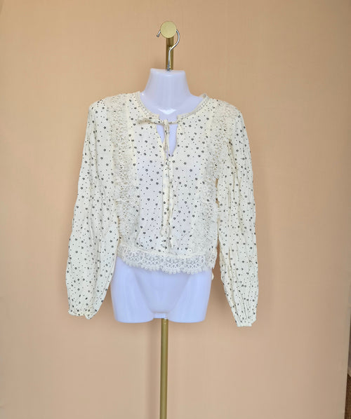 MINE Cream Lace-Trim Printed Blouse – Size S
