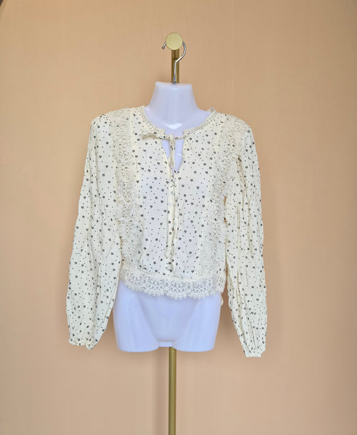 MINE Cream Lace-Trim Printed Blouse – Size S