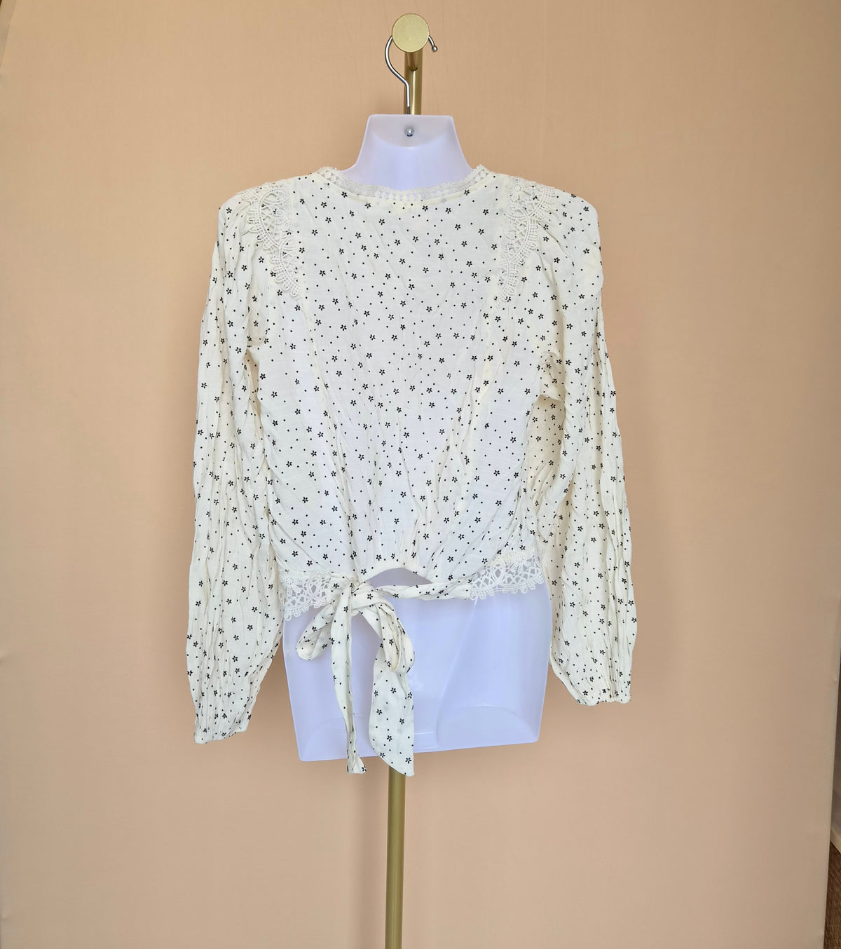 MINE Cream Lace-Trim Printed Blouse – Size S