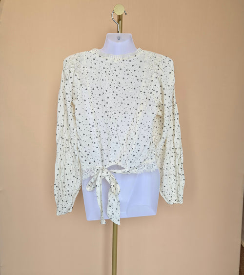 MINE Cream Lace-Trim Printed Blouse – Size S