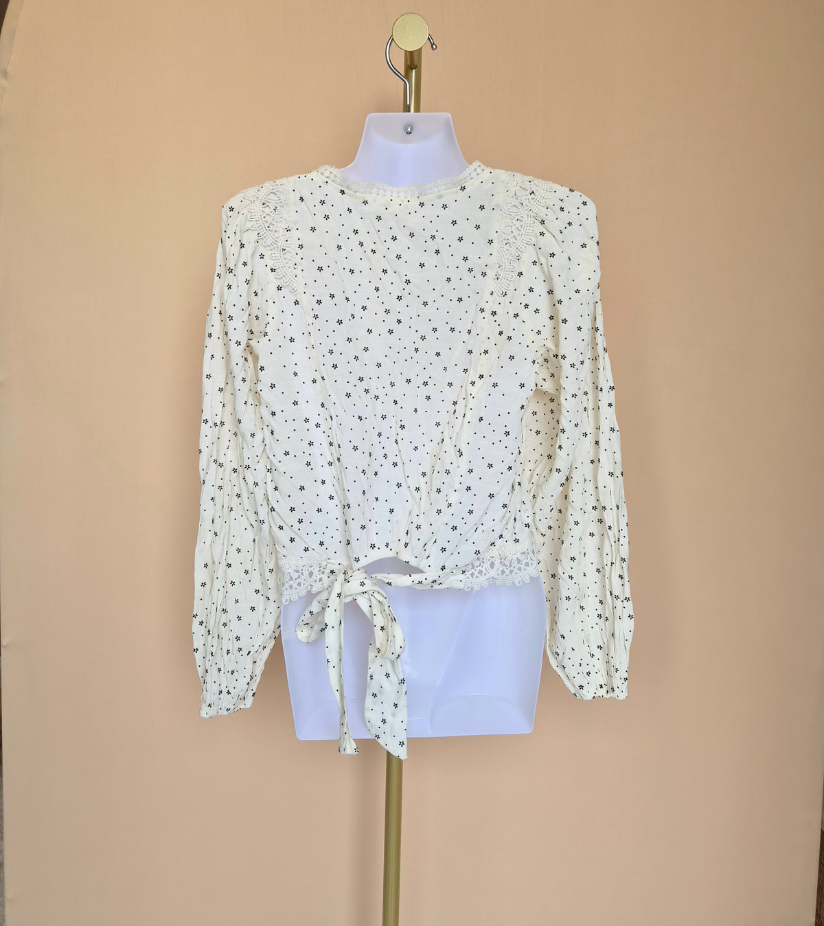 MINE Cream Lace-Trim Printed Blouse – Size S