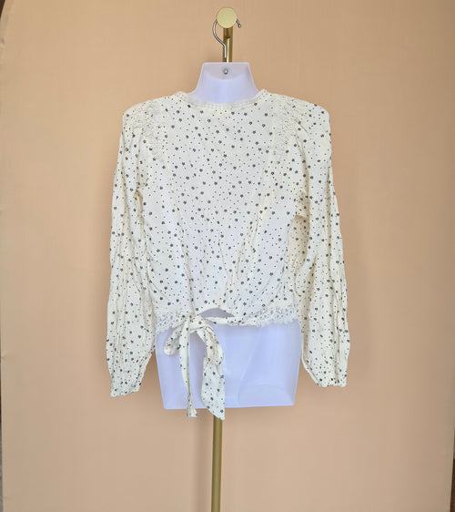 MINE Cream Lace-Trim Printed Blouse – Size S
