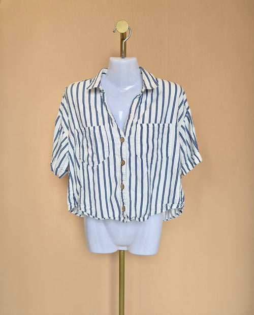 ZARA Navy & White Striped Cropped Shirt – Size S