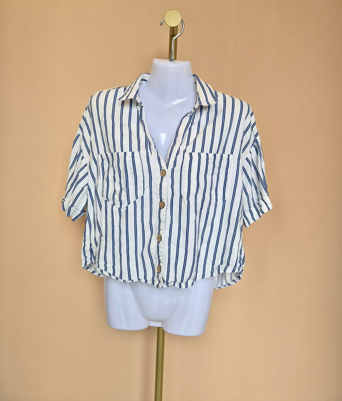 ZARA Navy & White Striped Cropped Shirt – Size S