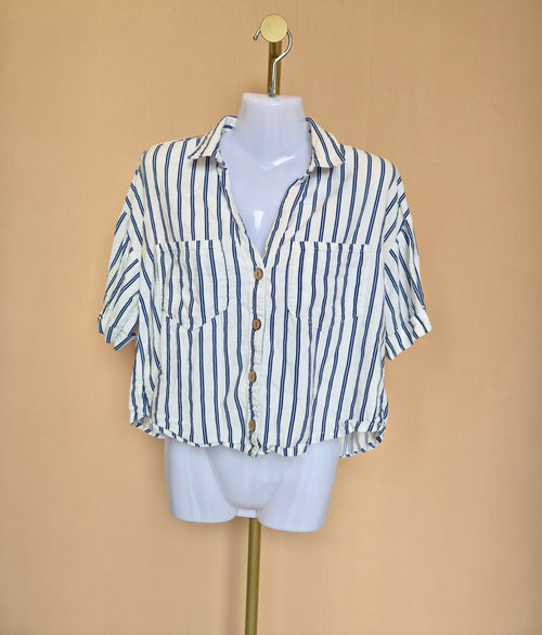 ZARA Navy & White Striped Cropped Shirt – Size S