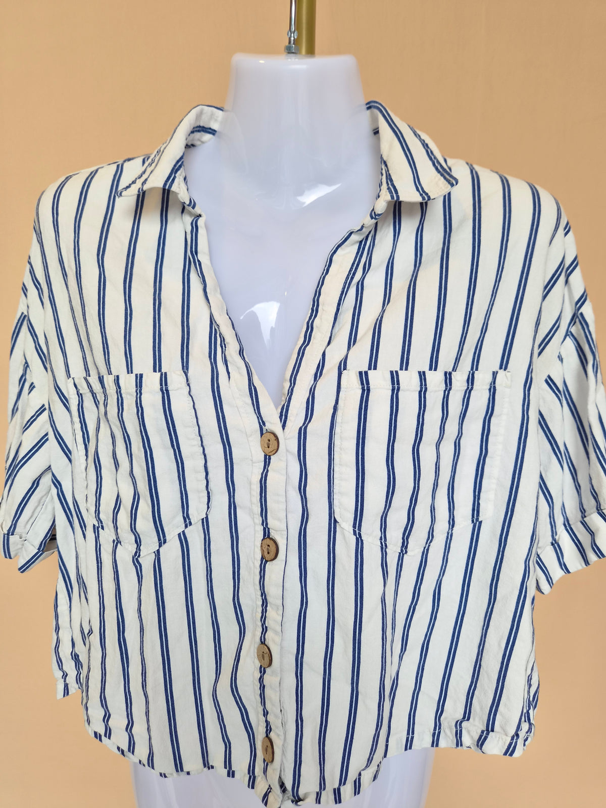 ZARA Navy & White Striped Cropped Shirt – Size S