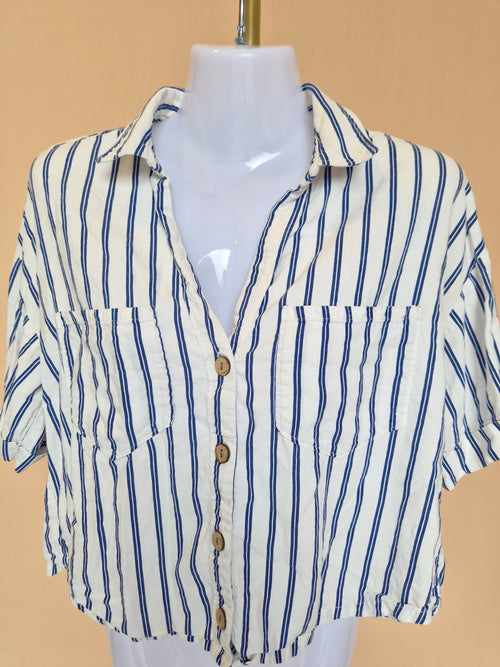 ZARA Navy & White Striped Cropped Shirt – Size S