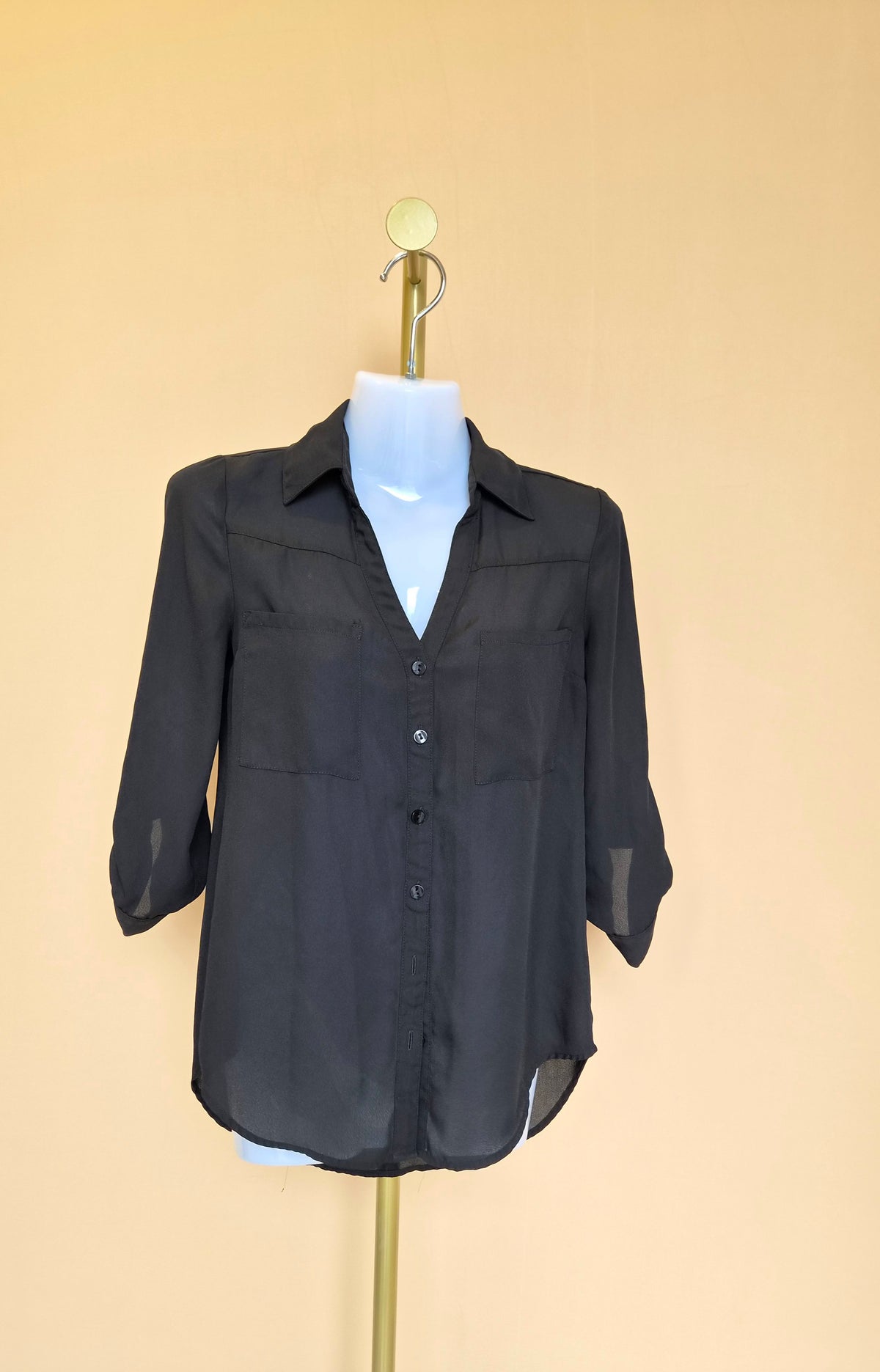 BCX Black Sheer Button-Up Blouse