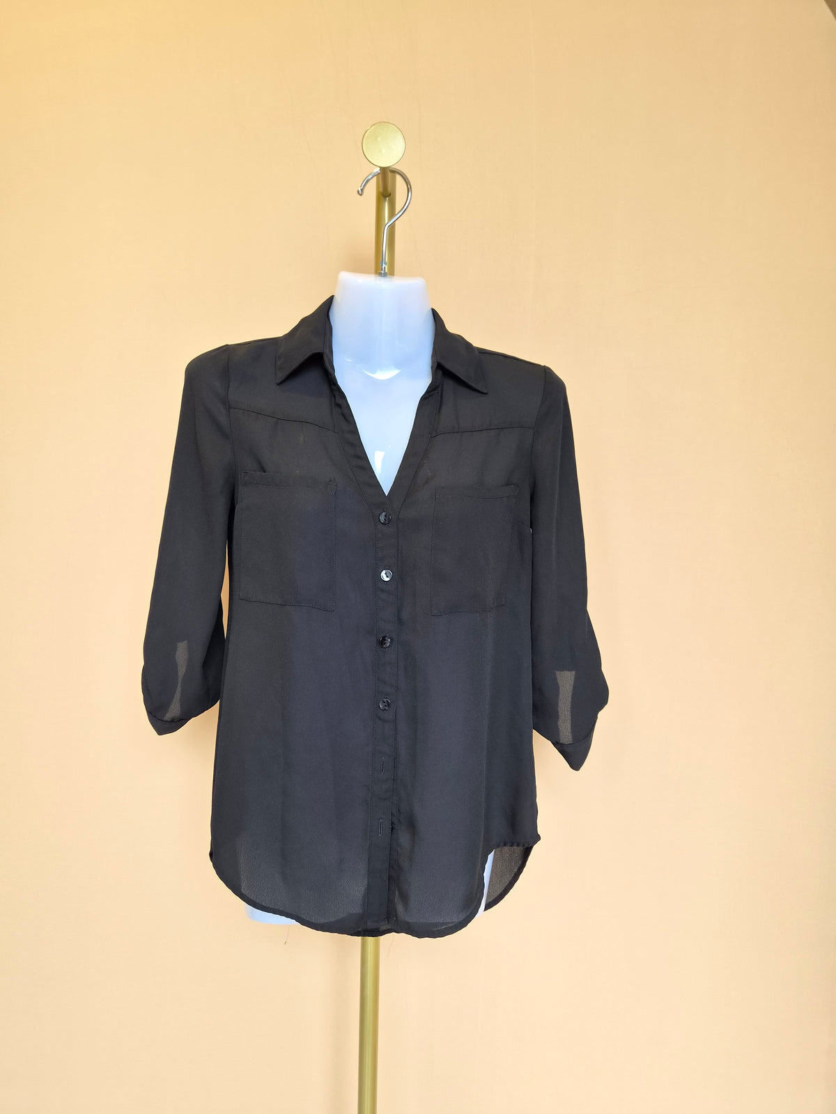 BCX Black Sheer Button-Up Blouse