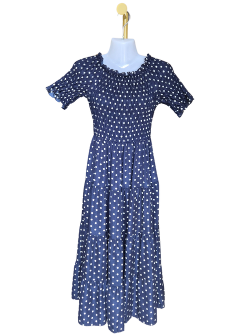 Navy Polka Dot Smocked Midi Dress