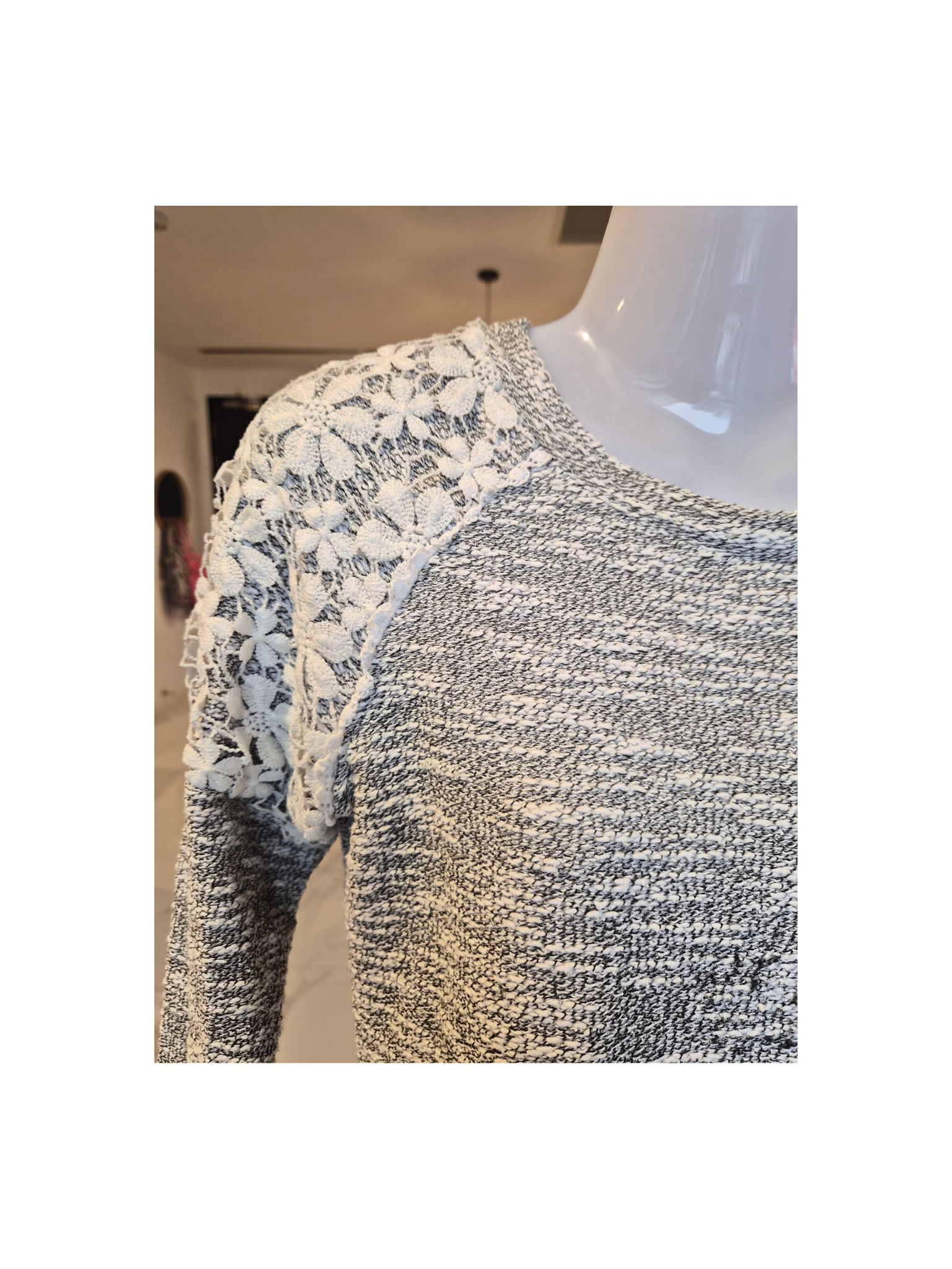 Grey Marled Lace Sleeve Knit Top – Size L