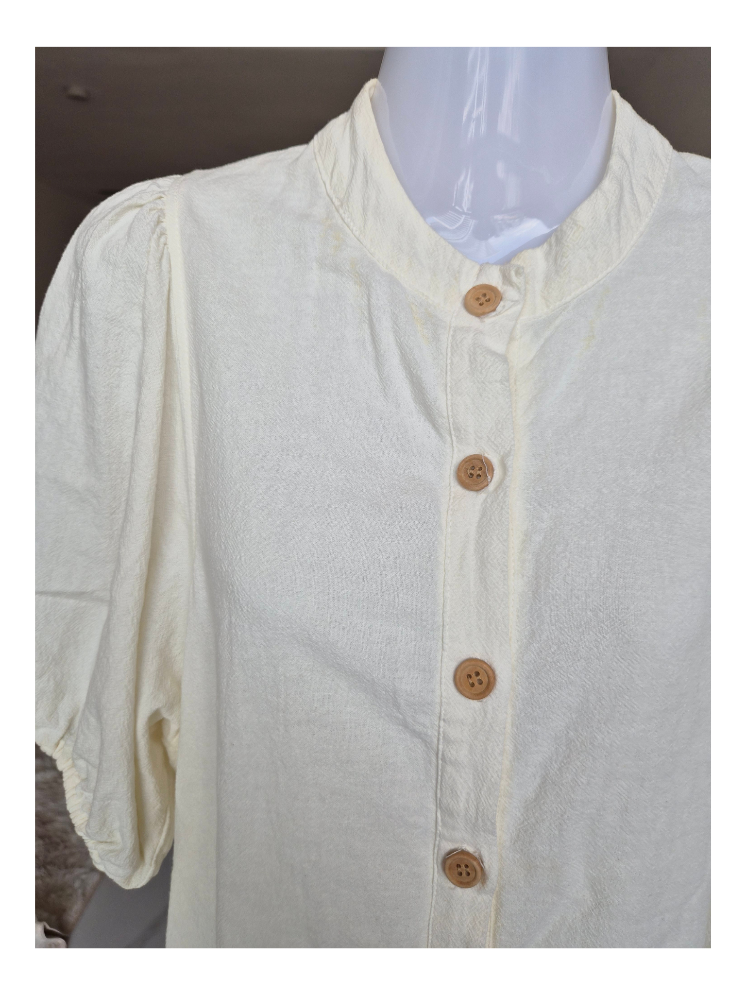 Cream Puff Sleeve Button-Front Midi Dress Free Size